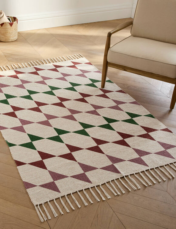 Tapis textur&eacute; imprim&eacute; g&eacute;om&eacute;trique (naturel / vert)