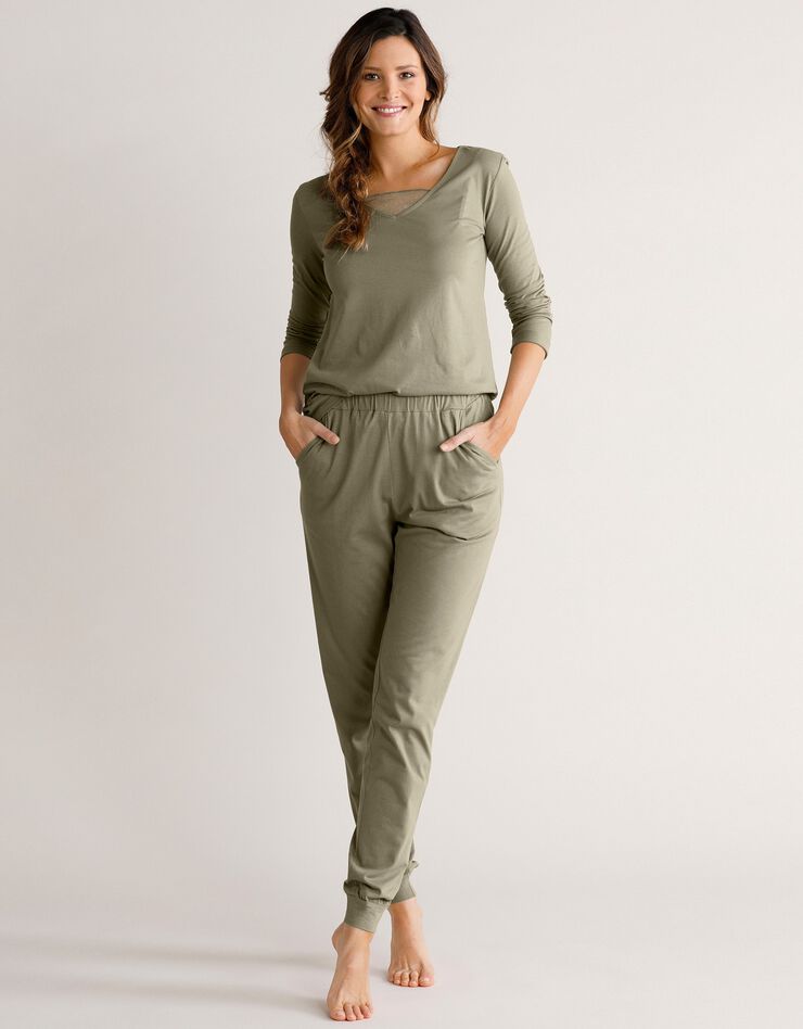 Pantalon bas resserré uni taille élastiquée (vert olive) Pantalon bas resserré uni taille élastiquée (vert olive)