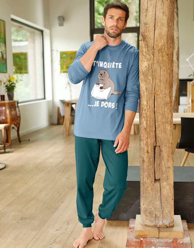 Pyjama pantalon manches longues Marmotte (bleu / vert)