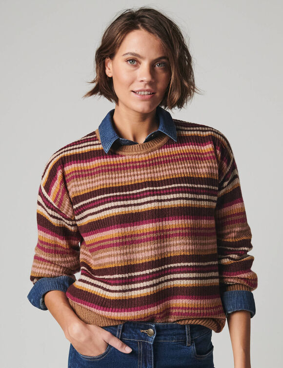 Pull ray&eacute; loose, maille anglaise toucher doux (beige / taupe)