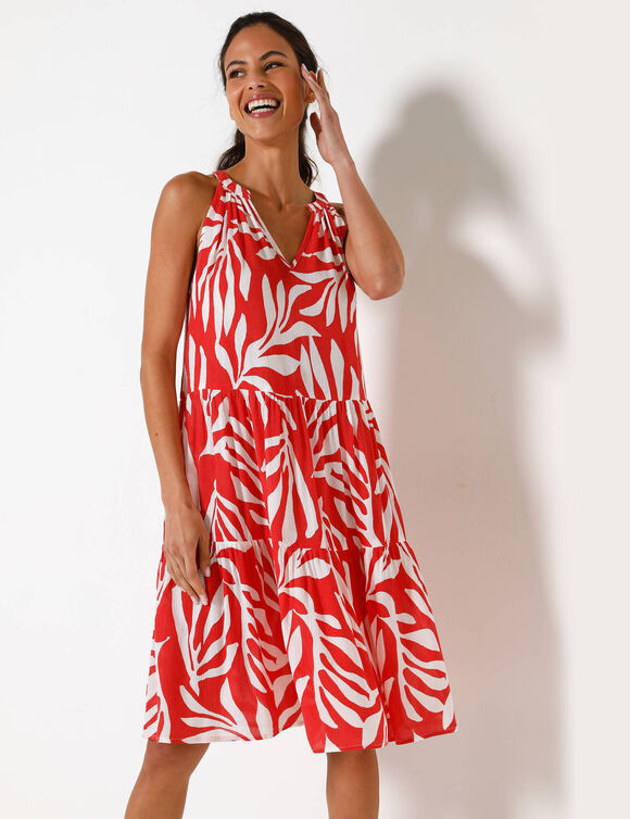 Robe &agrave; volants imprim&eacute; feuillage emmanchures am&eacute;ricaines, cr&eacute;pon (rouge / &eacute;cru)