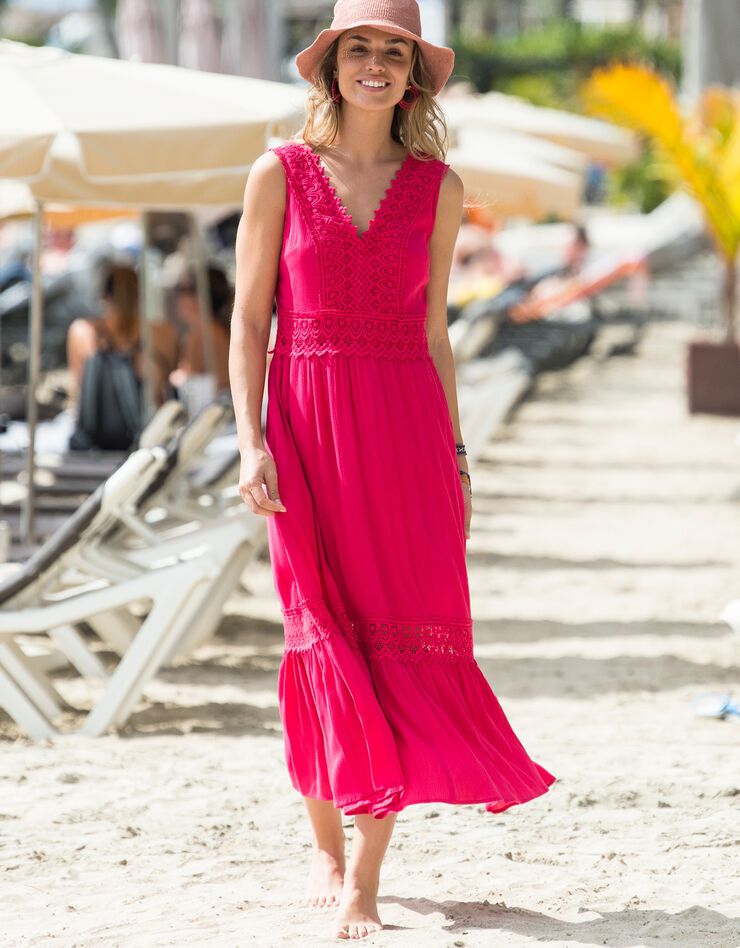 Robe longue volantée macramé (framboise)
