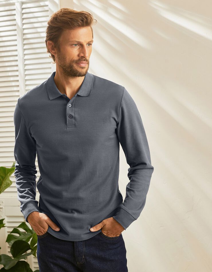 Polo uni maille piquée manches longues (anthracite)