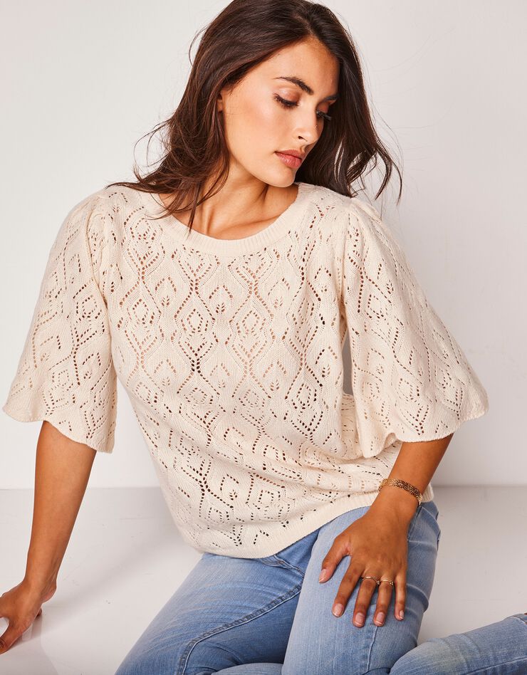 Pull col bateau, maille fantaisie (naturel) Pull col bateau, maille fantaisie (naturel)