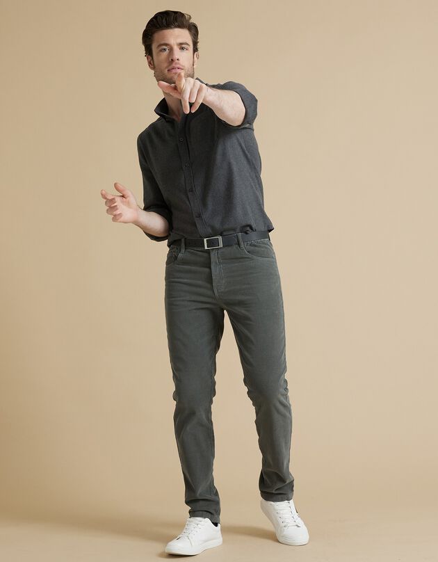 Pantalon droit 5 poches velours milleraies (vert grisé)