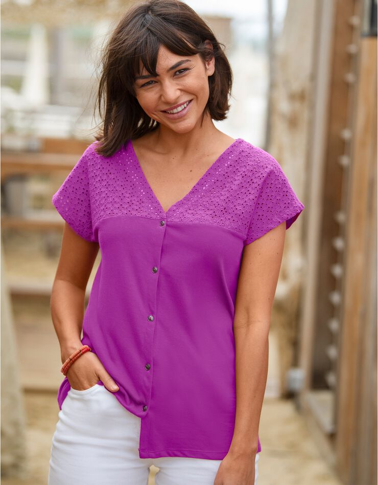 Tee-shirt boutonné, broderie anglaise (violine) Tee-shirt boutonné, broderie anglaise (violine)