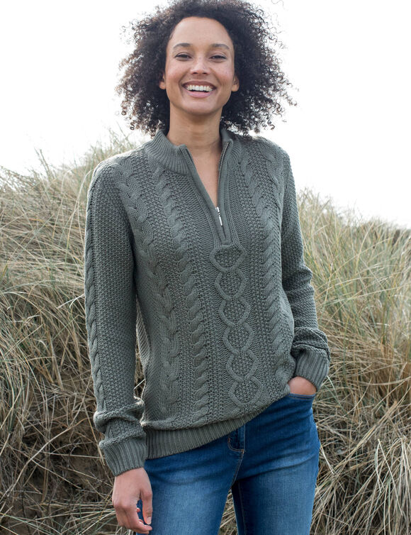 Pull col montant zipp&eacute;, maille torsad&eacute;e (kaki)