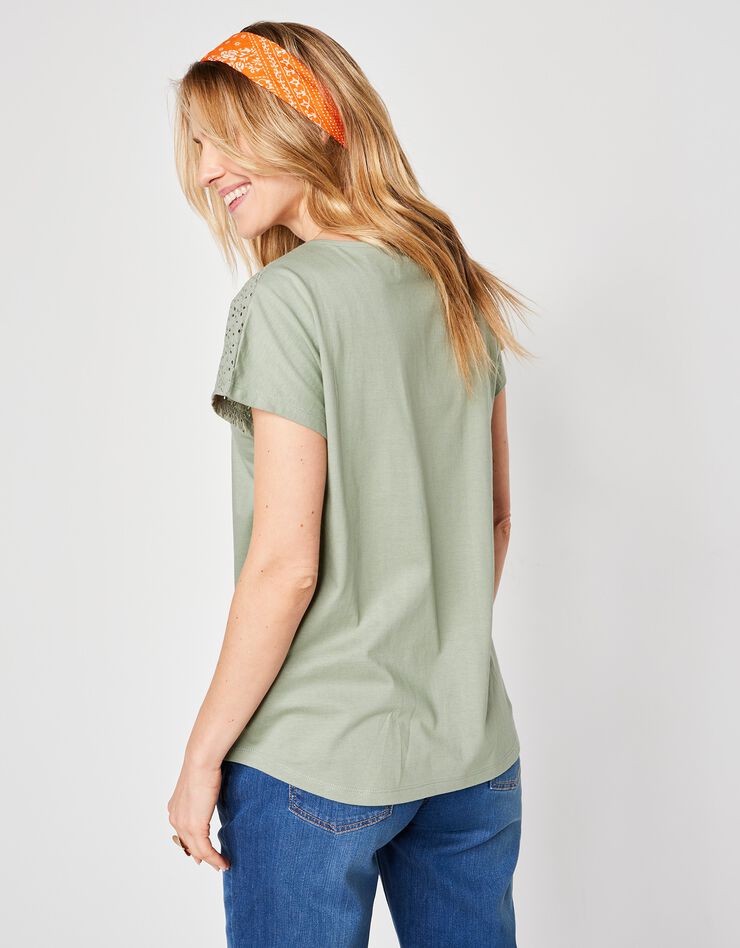 Tee-shirt broderie anglaise manches courtes (vert grisé) Tee-shirt broderie anglaise manches courtes (vert grisé)