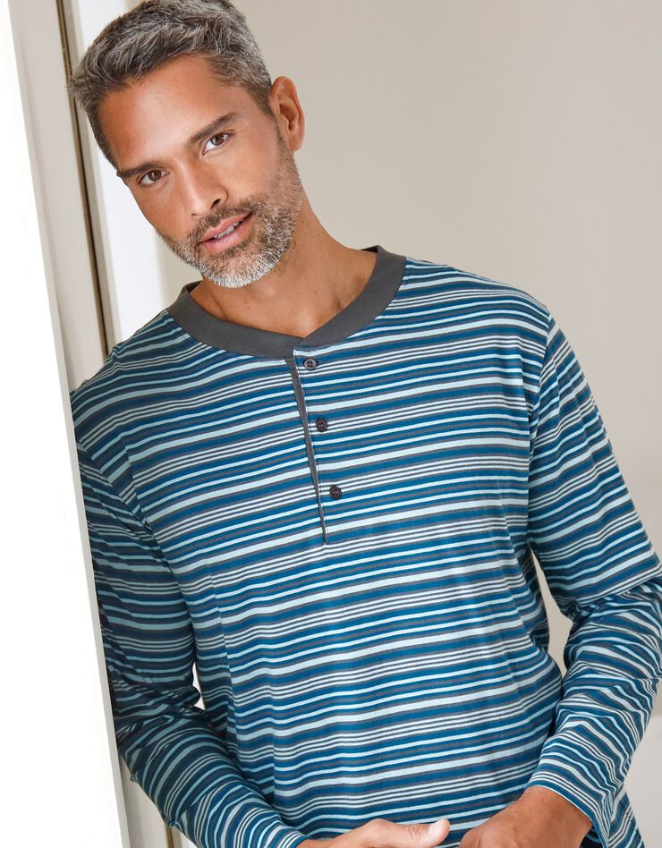 Pyjama pantalon rayé col tunisien (anthracite / bleu canard) Pyjama pantalon rayé col tunisien (anthracite / bleu canard)