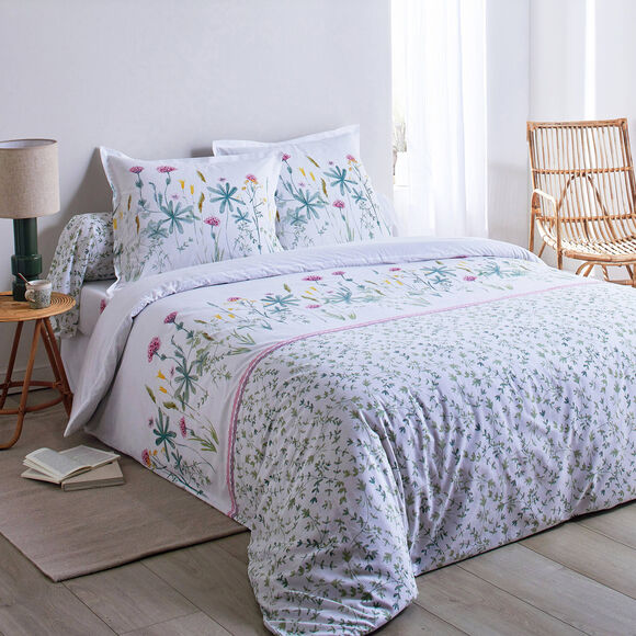 Linge de lit Julie en coton imprimé herbier (blanc / rose)