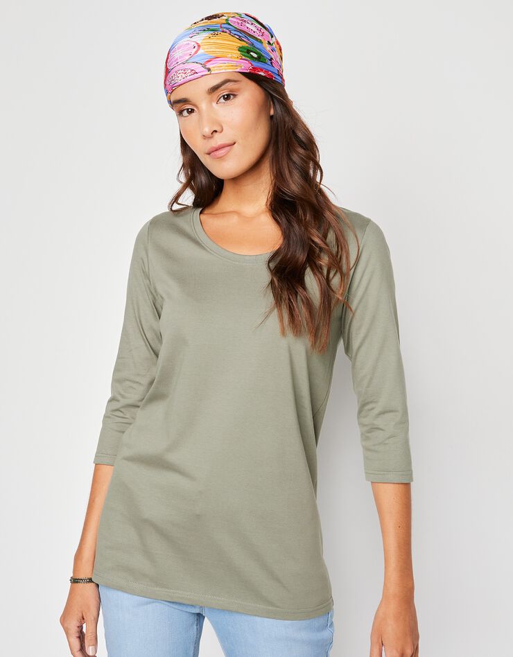 Tee-shirt manches 3/4 col rond uni coton (kaki clair) Tee-shirt manches 3/4 col rond uni coton (kaki clair)