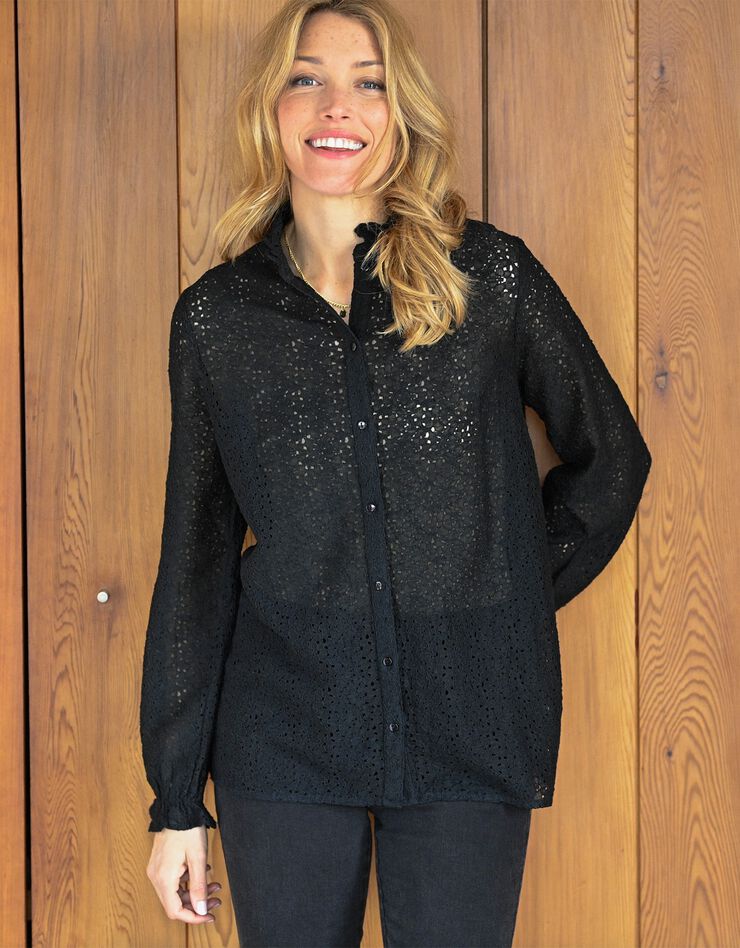 Blouse col montant volantée, dentelle (noir) Blouse col montant volantée, dentelle (noir)