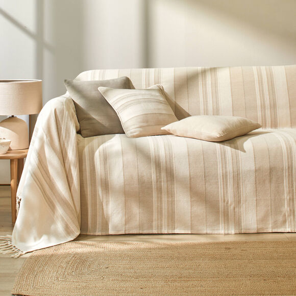 Plaid jeté multicolore coton tissage artisanal (sable)