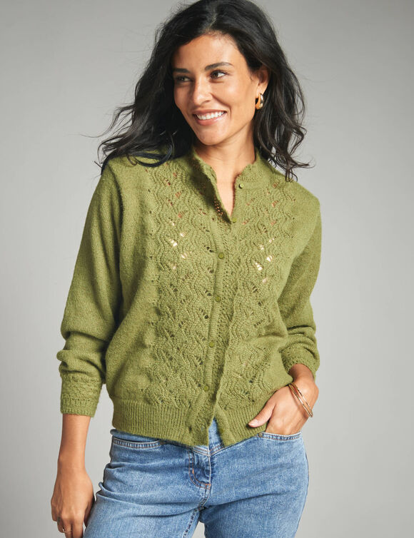 Gilet boutonné col montant, maille fantaisie  (vert mousse)