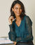 Blouse macramé col V manches longues, crêpe fluide (bleu pétrole)
