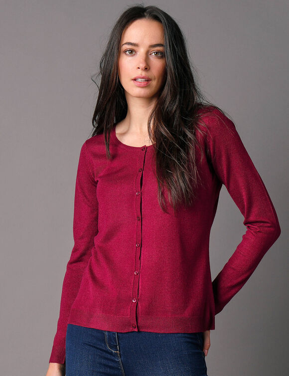 Cardigan boutonné col rond uni, toucher doux (prune)