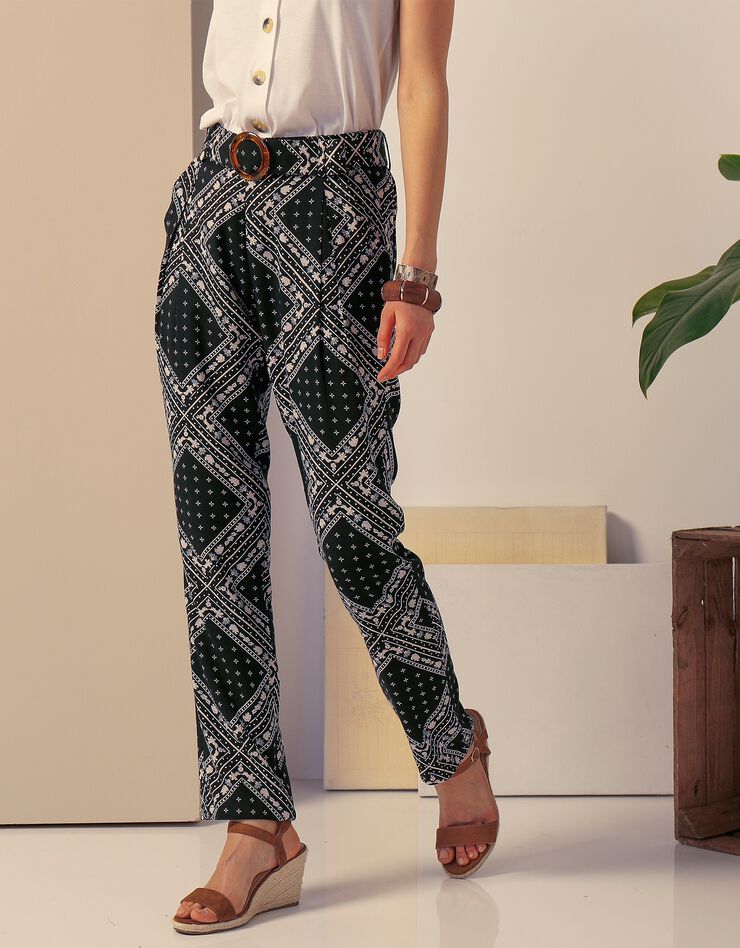 Pantalon imprimé ceinturé (noir / écru) Pantalon imprimé ceinturé (noir / écru)