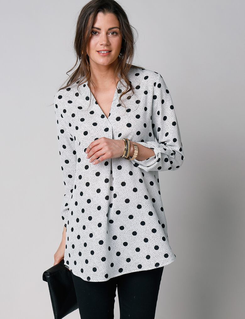 Chemisier Chic Tunisien à Col - Imprimé Pois Noir Et Blanc - Taille 38/40 - Viscose