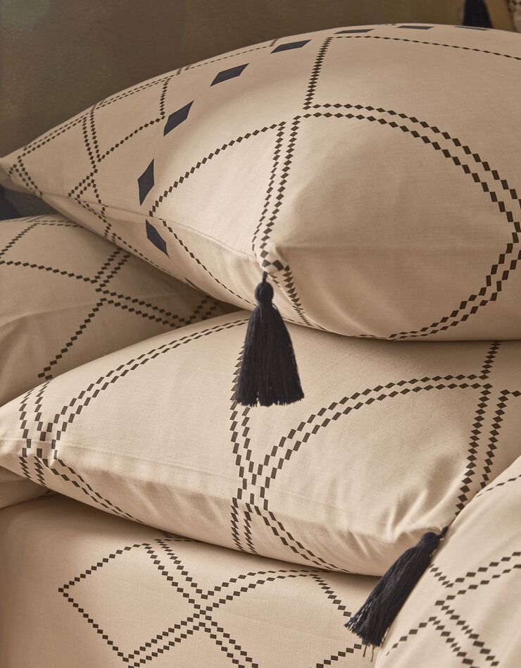 Linge de lit Massai coton à motifs graphiques et finitions pompons (beige)