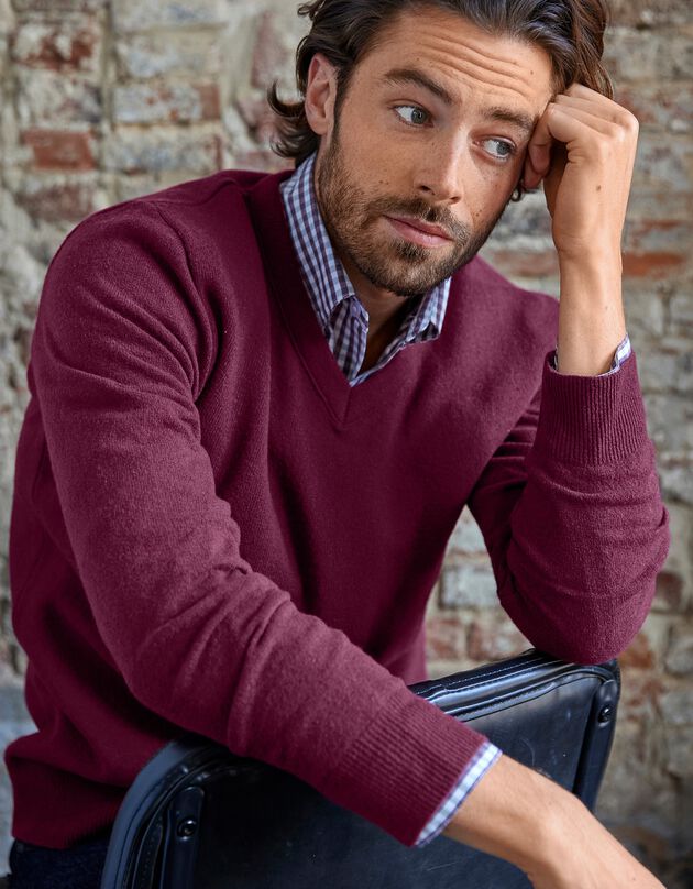 Pull col V 80% laine (bordeaux)