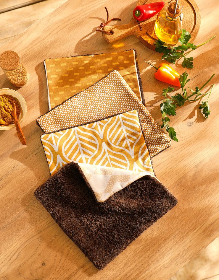 Carré essuie-tout absorbant réutilisable, lot de 4 - collection upcycling (marron/curry) Carré essuie-tout absorbant réutilisable, lot de 4 - collection upcycling (marron/curry)
