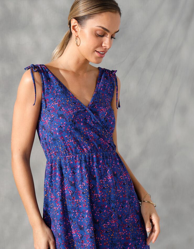Robe longue imprimée épaules nouées (bleu / violine) Robe longue imprimée épaules nouées (bleu / violine)