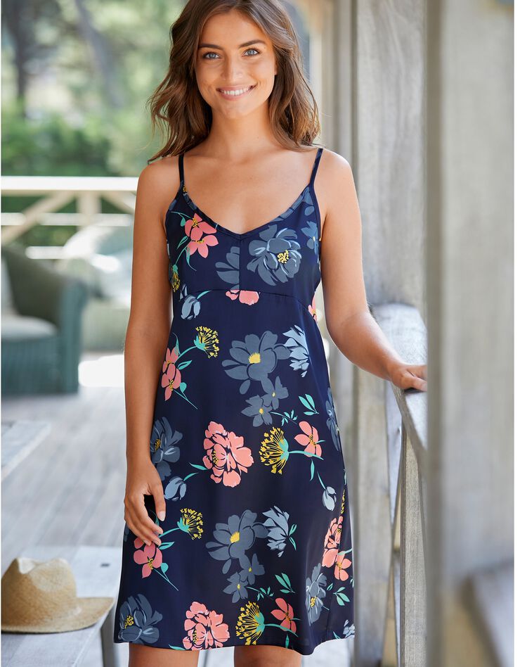 Nuisette satin imprimé floral (marine / corail) Nuisette satin imprimé floral (marine / corail)