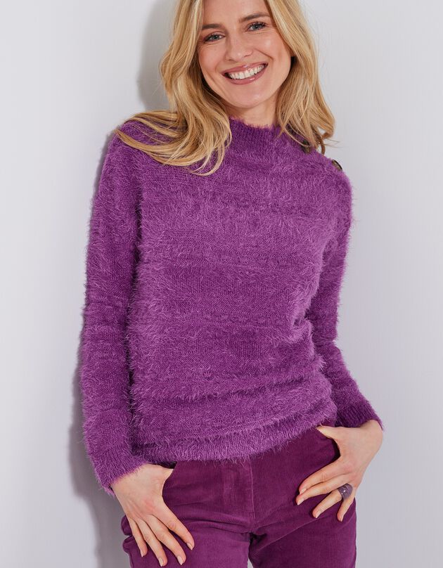 Pull col montant maille poilue fantaisie (prune)