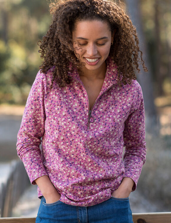 T-shirt col montant zippé imprimé (prune)