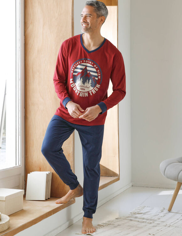 Pyjama pantalon jersey, col V contrasté (brique / marine)