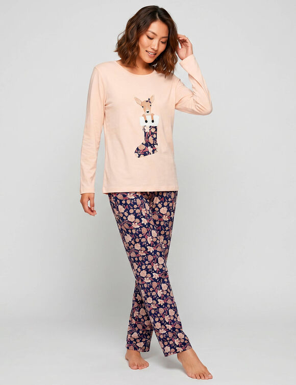 Pyjama imprim&eacute; "biche" - pochon assorti offert (p&ecirc;che)