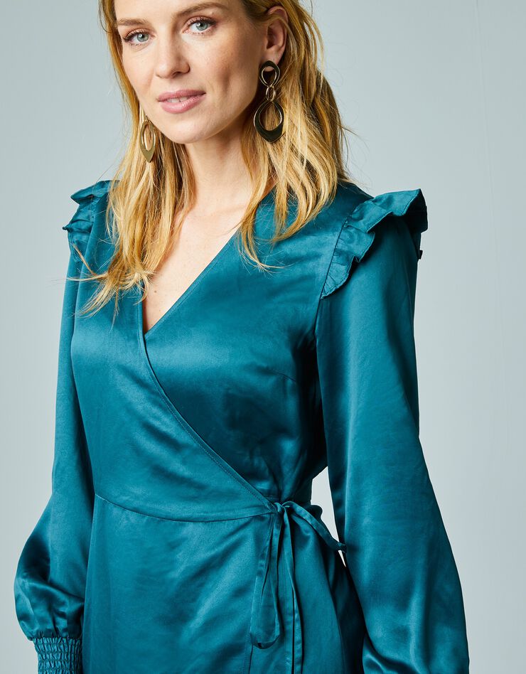 Robe portefeuille satin unie à manches longues (vert foncé) Robe portefeuille satin unie à manches longues (vert foncé)