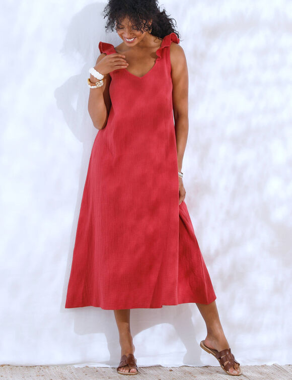 Robe longue &eacute;paules volant&eacute;es, en gaze de coton (terracotta)