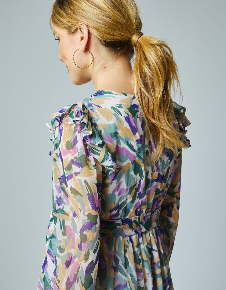 Robe longue volantée asymétrique en voile imprimé (kaki / naturel)