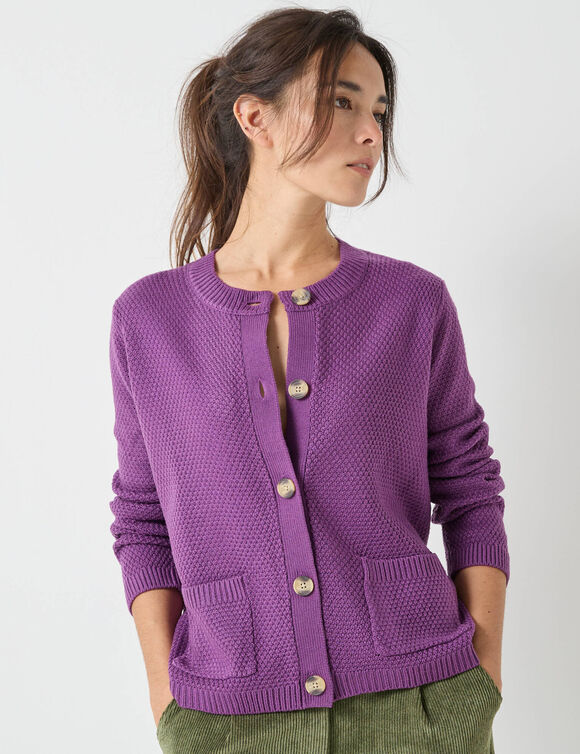 Gilet boutonné manches longues, maille fantaisie (violet)