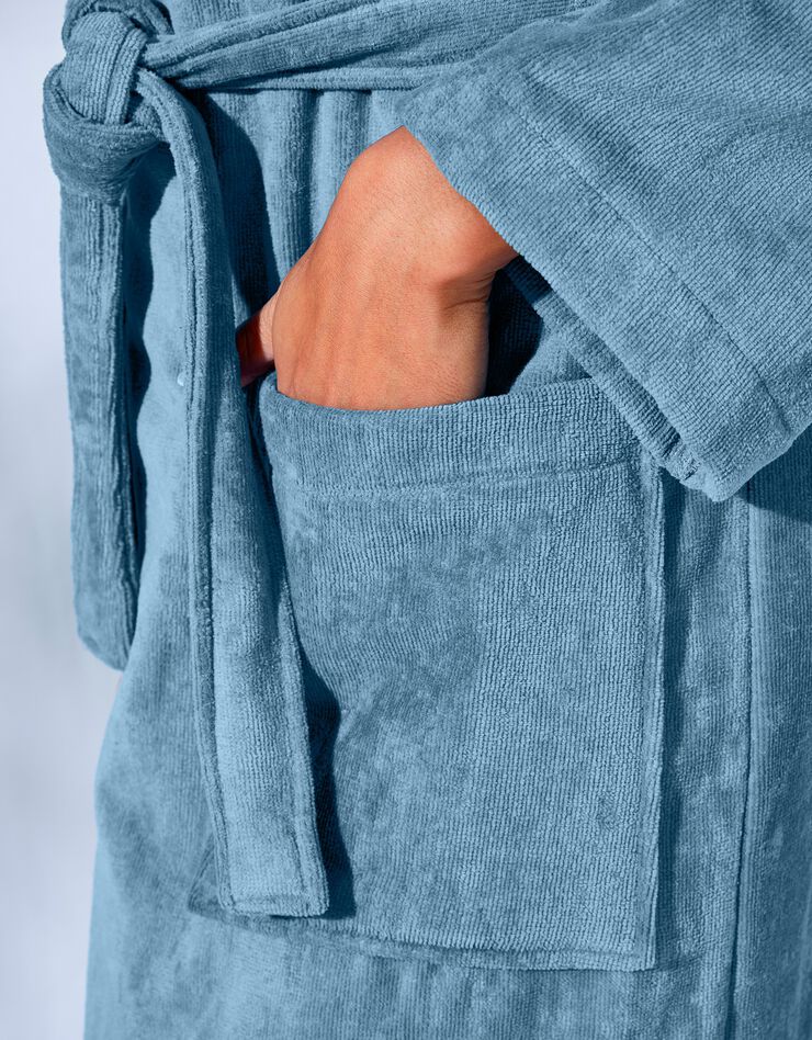 Peignoir mixte adulte éponge velours col châle (bleu jean) Peignoir mixte adulte éponge velours col châle (bleu jean)