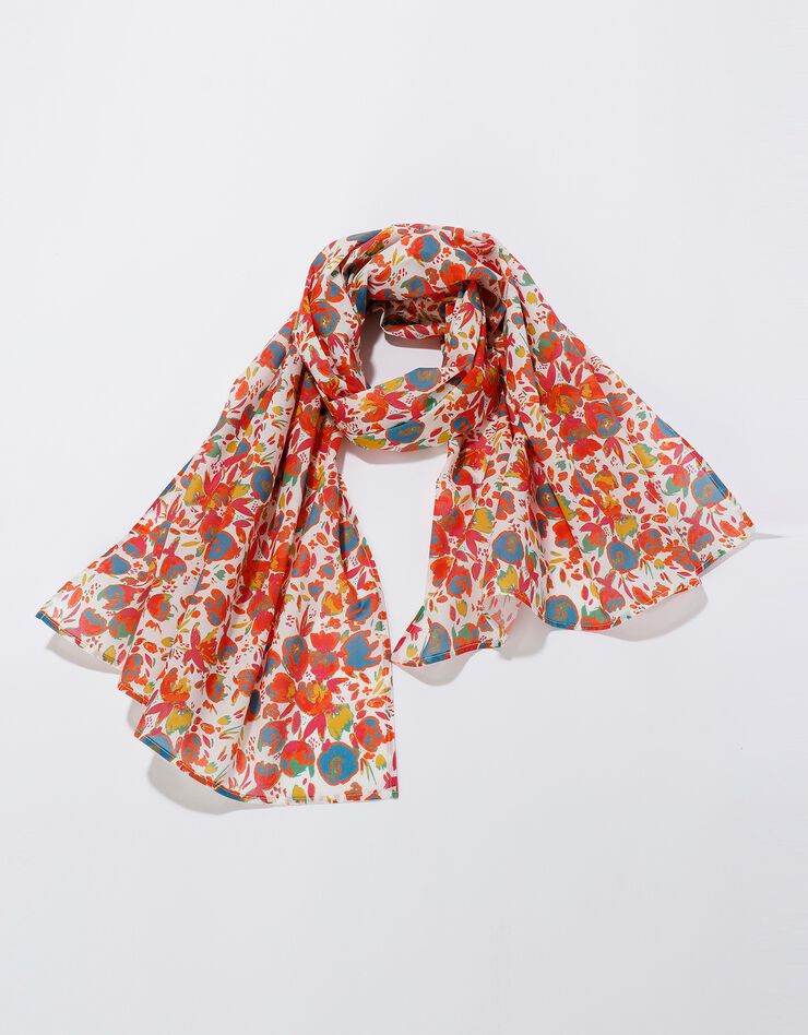Foulard style chèche fabriqué en France imprimé printanier, 160 x 70 cm - coton (écru / corail) Foulard style chèche fabriqué en France imprimé printanier, 160 x 70 cm - coton (écru / corail)