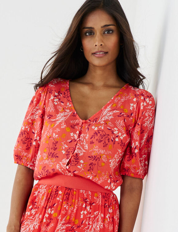 Chemisier boutonn&eacute; imprim&eacute; fleuri, cr&eacute;pon (corail)