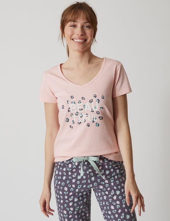 Tee-shirt manches courtes coton uni imprimé placé "Beautiful" (rose)