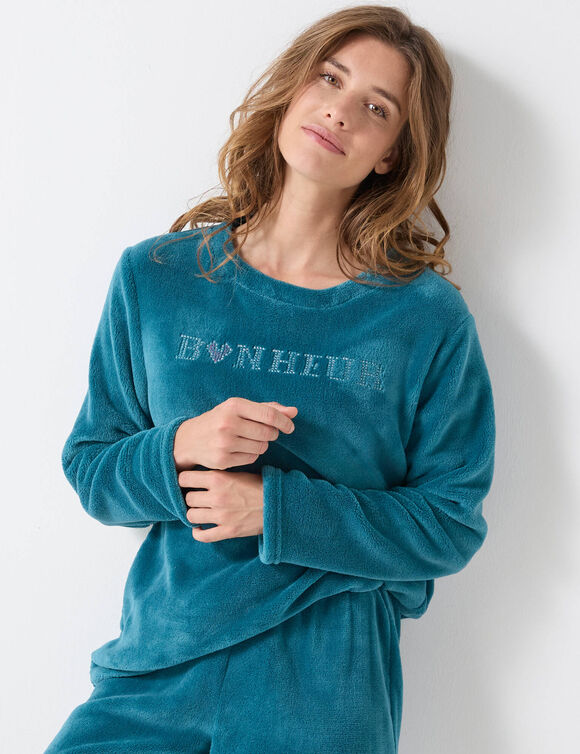 Pyjama pantalon polaire brodé "bonheur" manches longues (bleu canard)