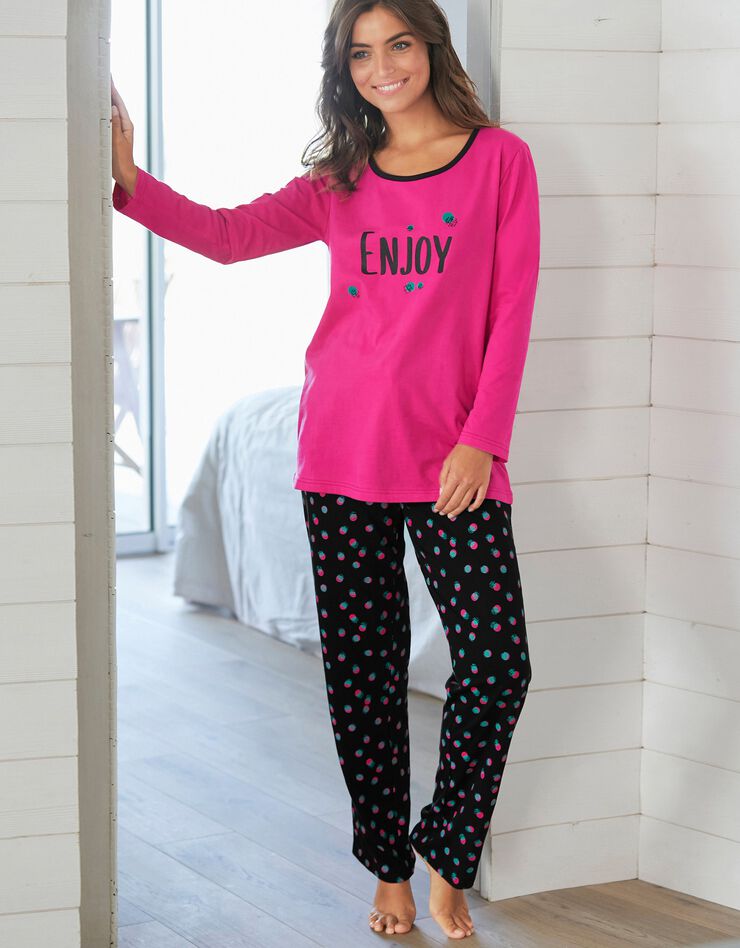 Pantalon pyjama coton Enjoy imprimé pois (noir / fuchsia)