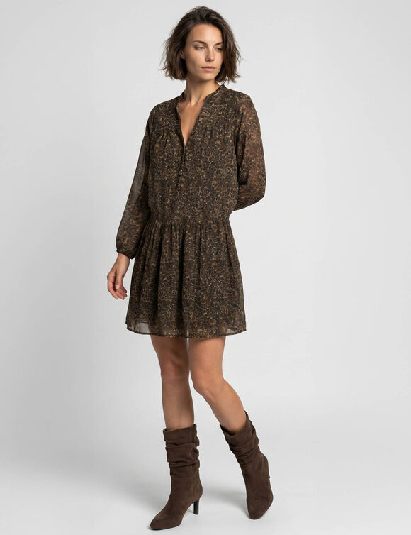 Robe blousante &agrave; volants, voile imprim&eacute; l&eacute;opard (noir / chocolat)