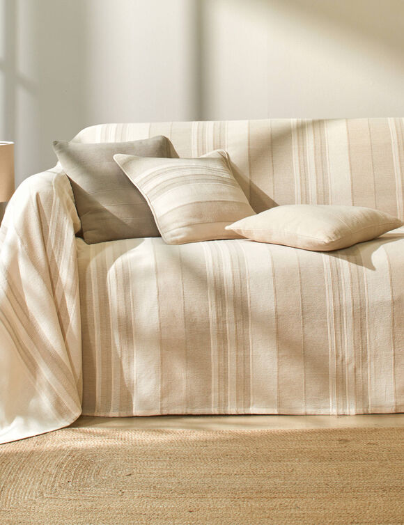 Plaid jet&eacute; multicolore coton tissage artisanal (sable)