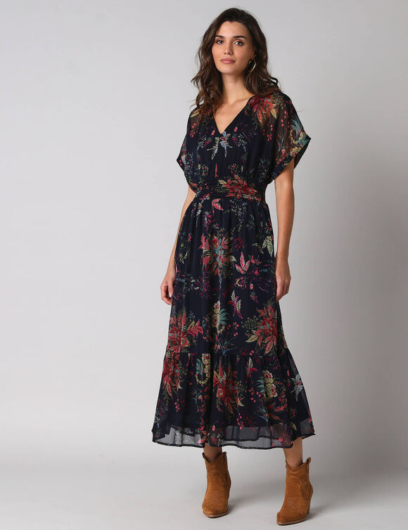 Robe longue col V, voile imprim&eacute; floral (marine / multicolore)