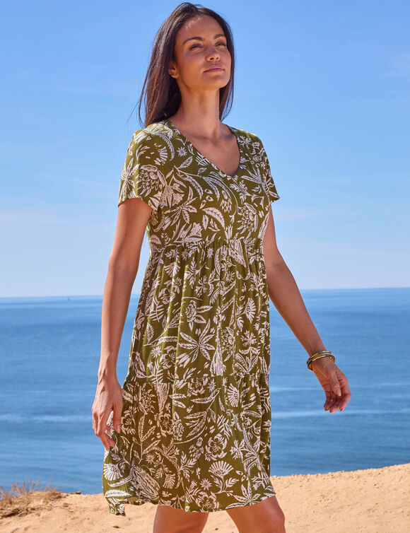 Robe col V courte imprim&eacute;e, cr&eacute;pon (kaki / blanc)