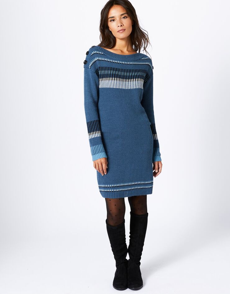 Robe pull à motifs jacquard et col bateau boutonné (bleu grisé / noir) Robe pull à motifs jacquard et col bateau boutonné (bleu grisé / noir)