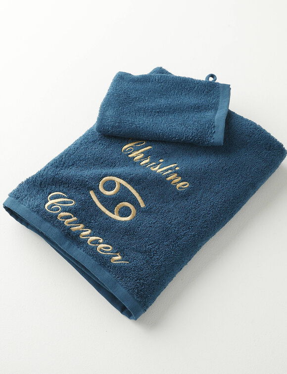 Serviettes de bain brodées Cancer personnalisable - 420g/m2 (bleu paon)
