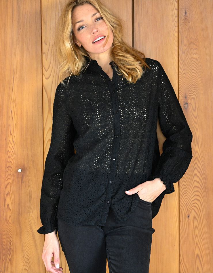 Blouse col montant volantée, dentelle (noir) Blouse col montant volantée, dentelle (noir)