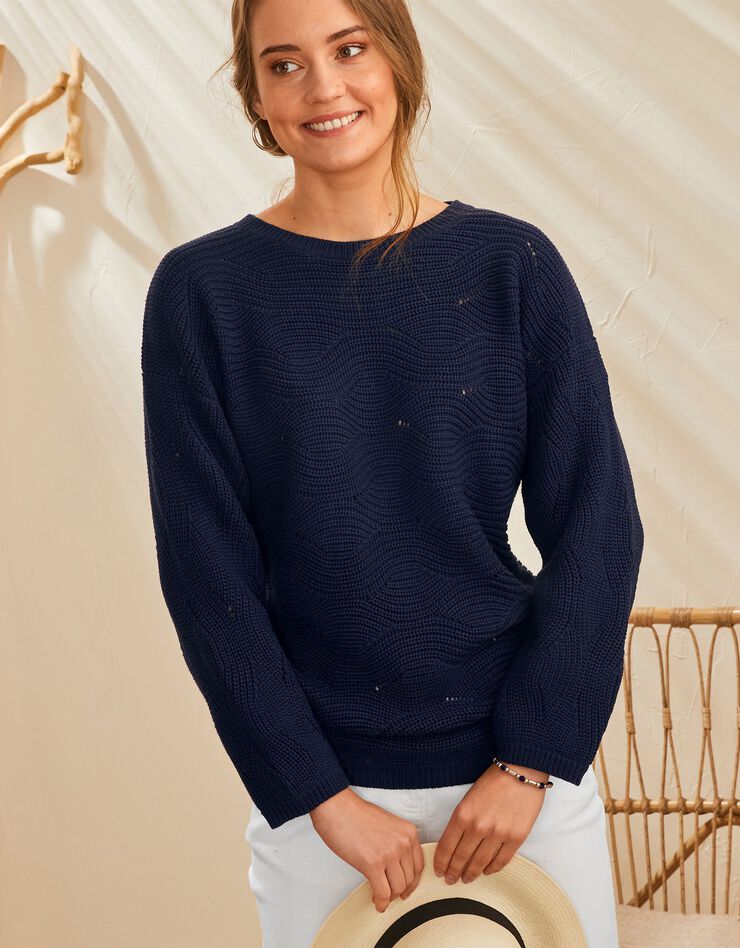 Pull manches longues, maille fantaisie (marine) Pull manches longues, maille fantaisie (marine)