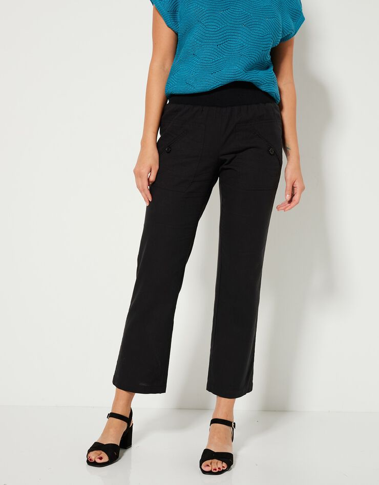 Pantalon coupe droite 7/8ème taille élastiquée, lin coton (noir) Pantalon coupe droite 7/8ème taille élastiquée, lin coton (noir)